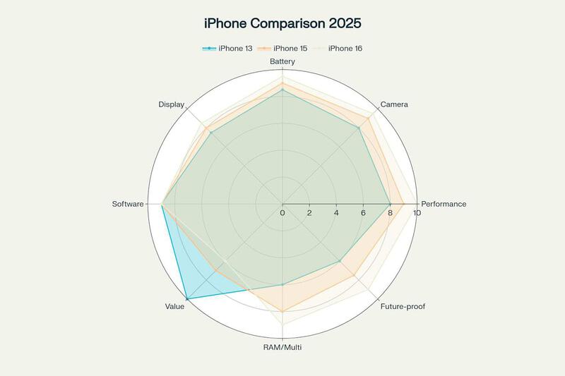 iPhone 13 vs iPhone 15 vs iPhone 16 comprehensive comparison for 2025, showing iPhone 13