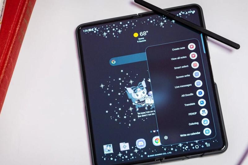 Samsung Galaxy Z Fold 7 unfolded showing its large 8-inch internal display with stylus and feature menu.