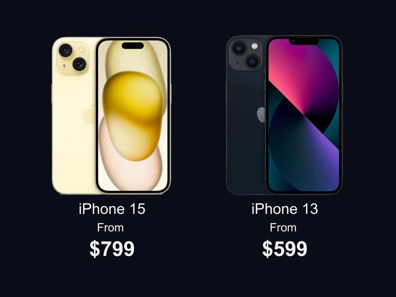 Side-by-side comparison of iPhone 15 and iPhone 13 with their respective starting prices