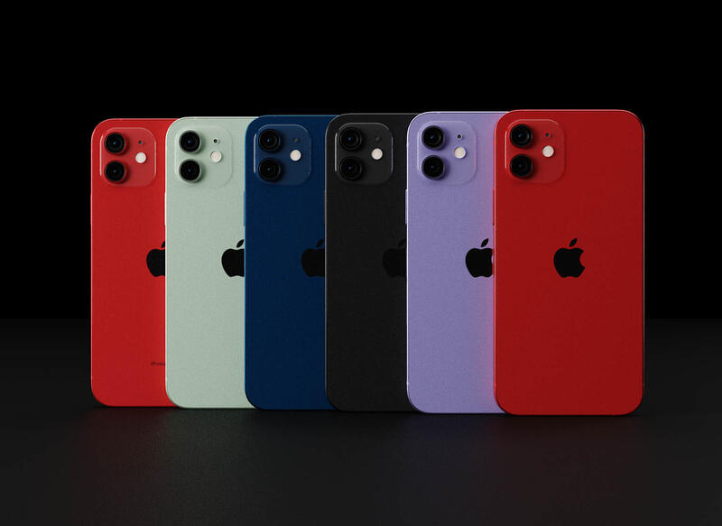 The range of available colors for the iPhone 12, including red, green, blue, black, and purple