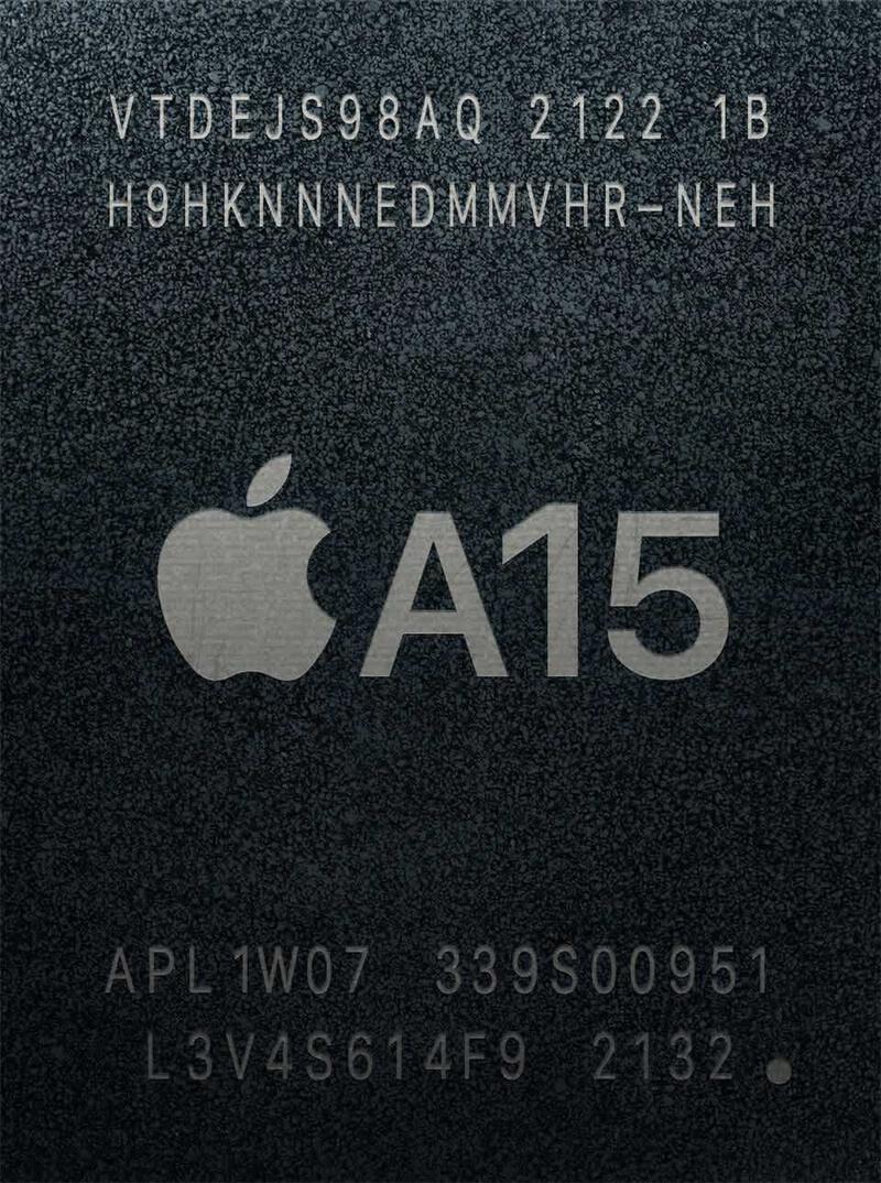 A close-up view of the Apple A15 Bionic chip, the processor found in the iPhone 13