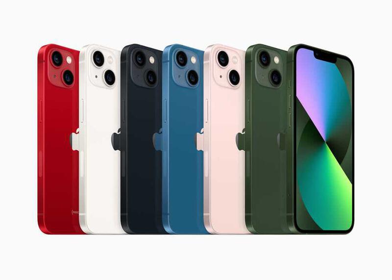 iPhone 13 models displayed in various colors, showcasing their design and front display