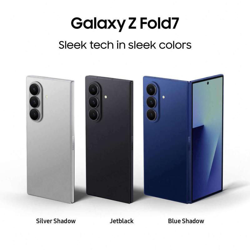 Samsung Galaxy Z Fold7 in Silver Shadow, Jetblack, and Blue Shadow colors showing sleek design and foldable screen.